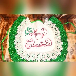Vintage Merry Christmas Handmade Cross Stitch Baby Child Bib Green Ruffle Lace
